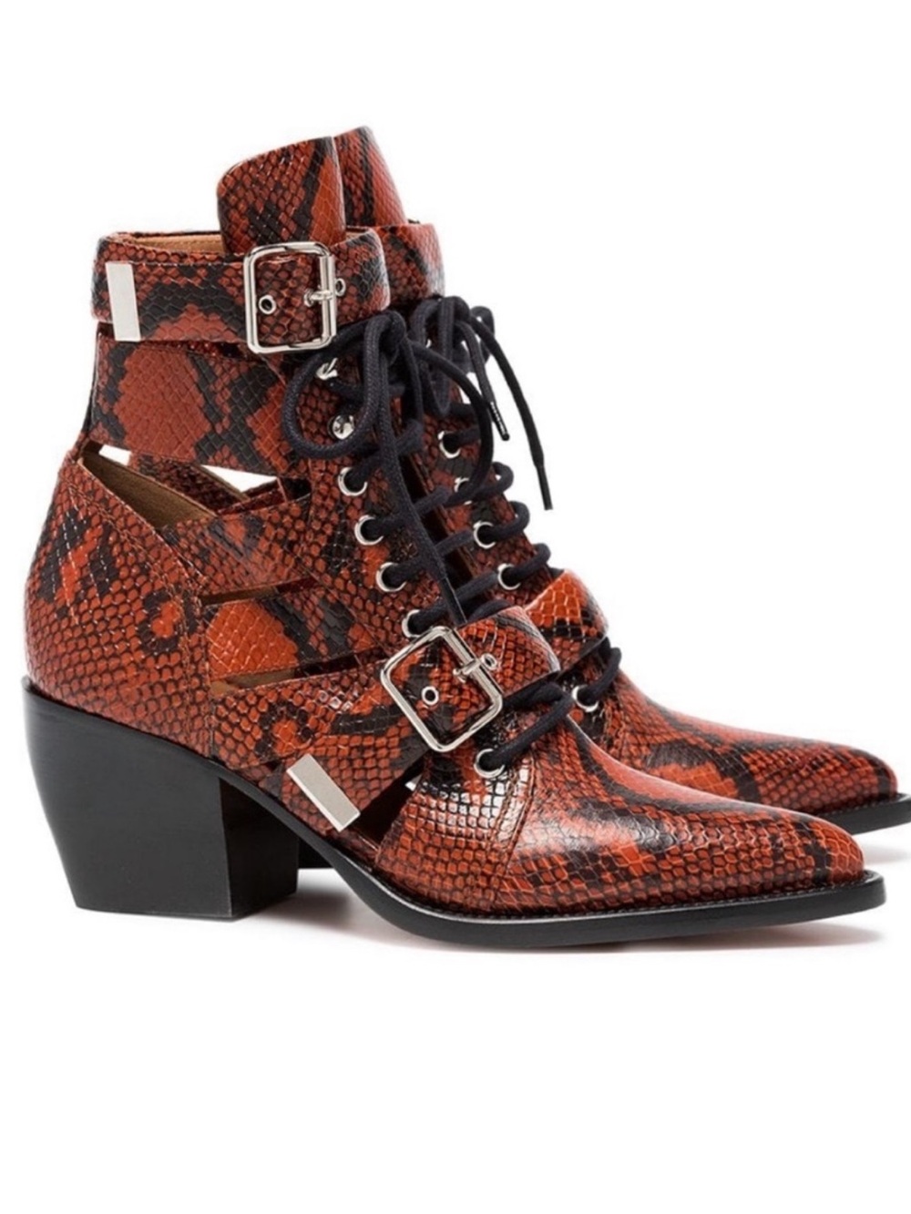 New!Chloe Rylee Snake Effect Leather Cutout Lace Up Ankle Boots